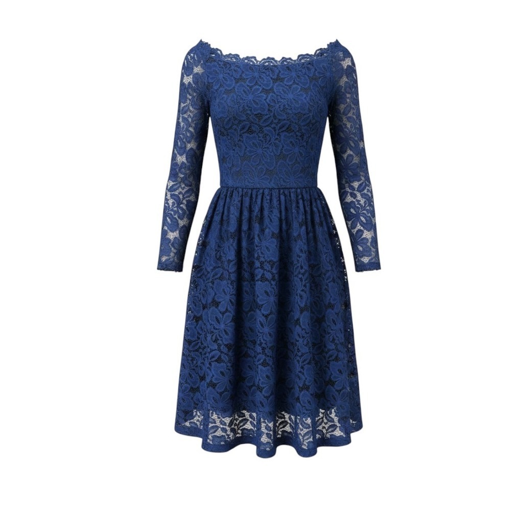 Navy Blue Floral Lace Long Sleeve Off Shoulder Cocktail Dress Fit Flare Knee L